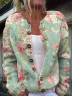 Driftly printed button cardigan in mint green, front view