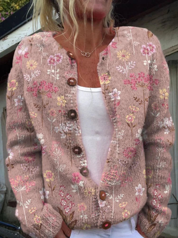 Driftly printed button cardigan in pink, front view