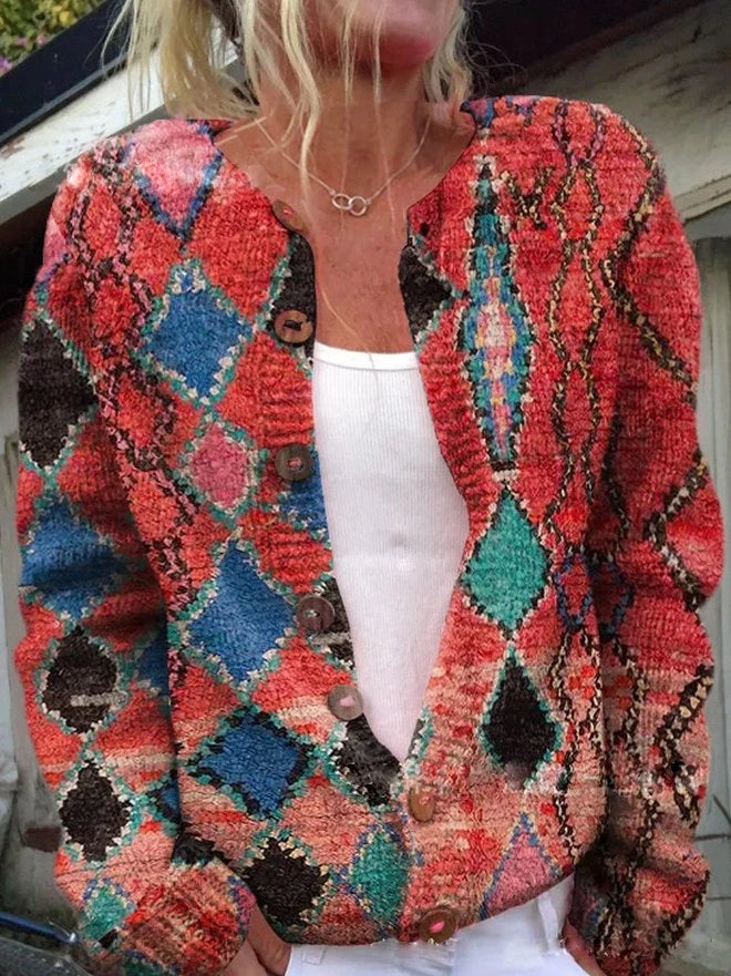 Driftly printed button cardigan in red, front view