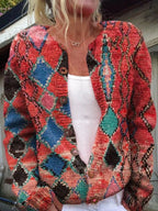 Driftly printed button cardigan in red, front view