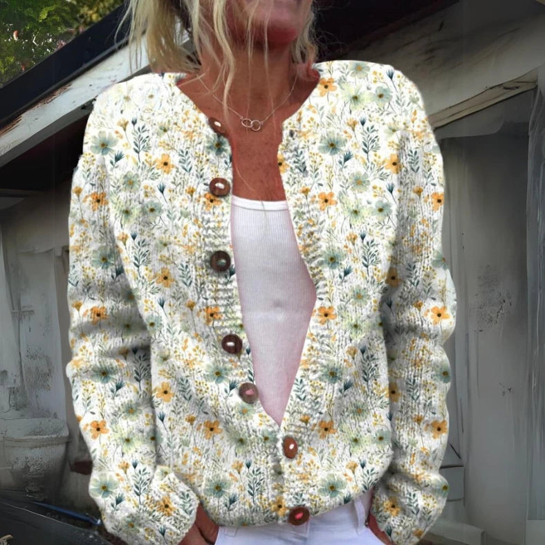 Driftly printed button cardigan in white, front view