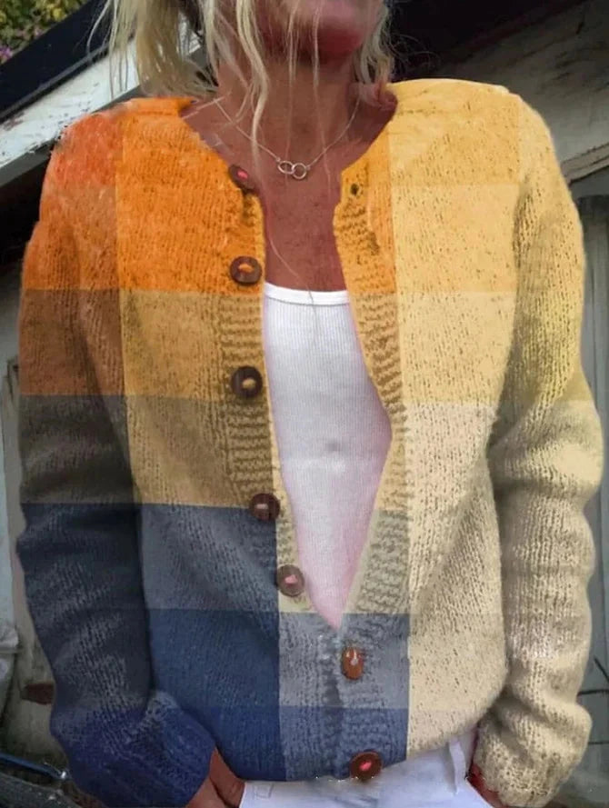 Driftly printed button cardigan in yellow, front view