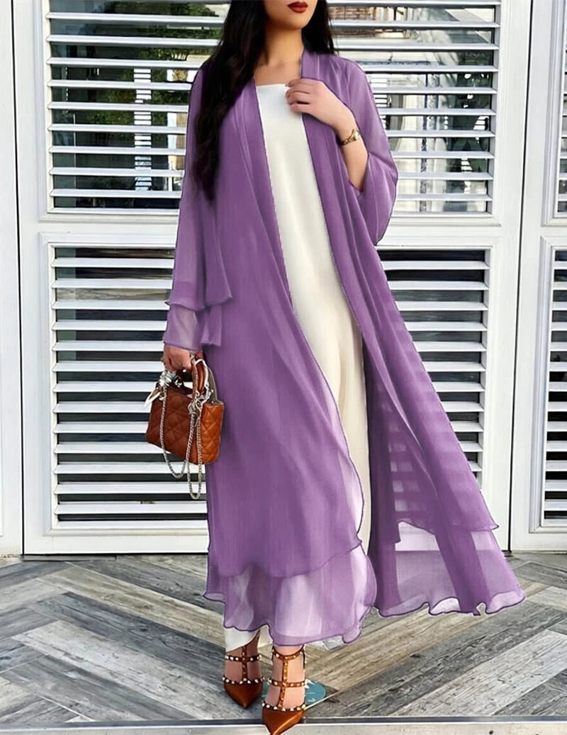 Purple sheer chiffon open front long cardigan on model