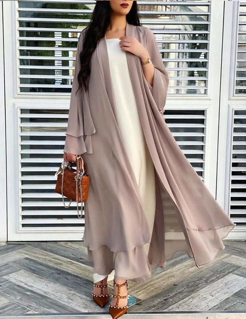 Taupe sheer chiffon open front long cardigan on model