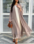 Taupe sheer chiffon open front long cardigan on model