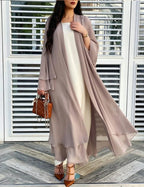 Taupe sheer chiffon open front long cardigan on model