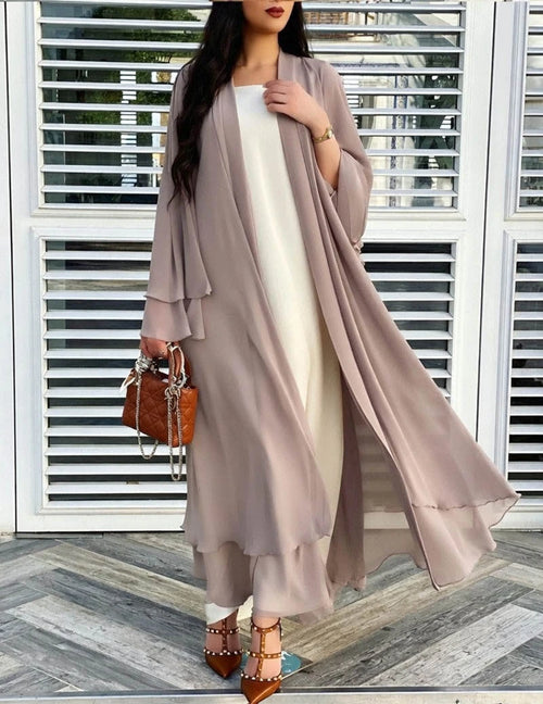 Taupe sheer chiffon open front long cardigan on model
