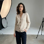 Driftly V-neck heart button cardigan in beige, worn by model