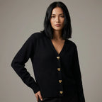 Driftly V-neck heart button cardigan in black, worn by model
