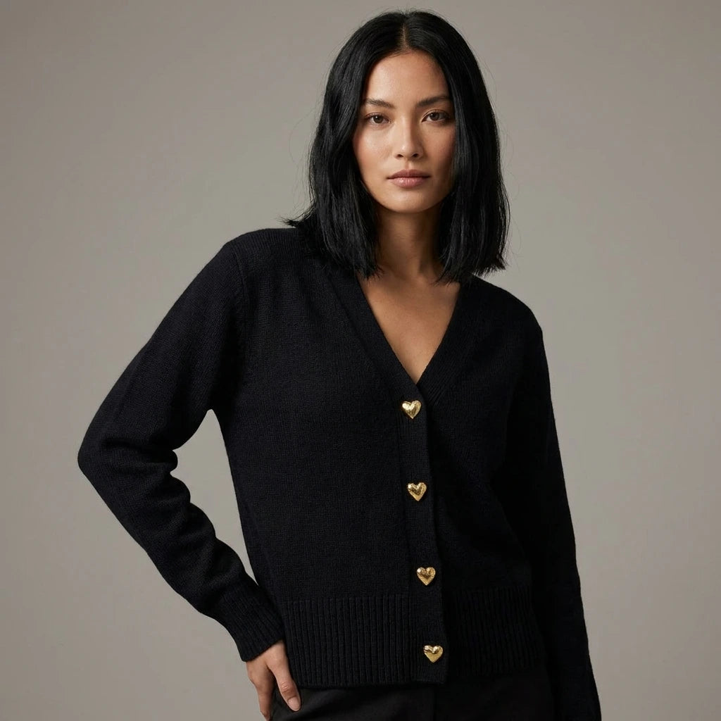 Driftly V-neck heart button cardigan in black, worn by model