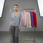 Driftly V-neck heart button cardigan in grey, worn by model with color rack