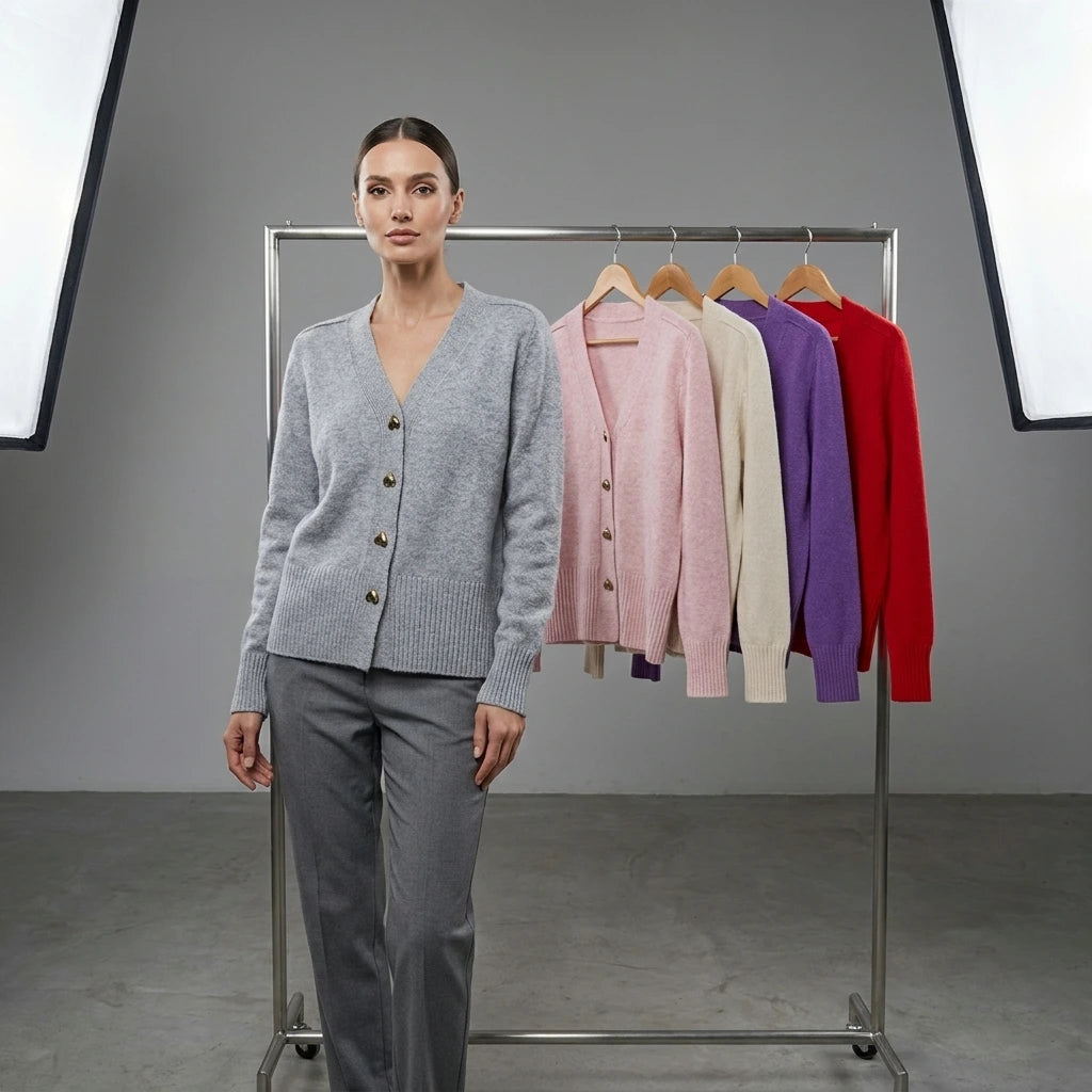 Driftly V-neck heart button cardigan in grey, worn by model with color rack