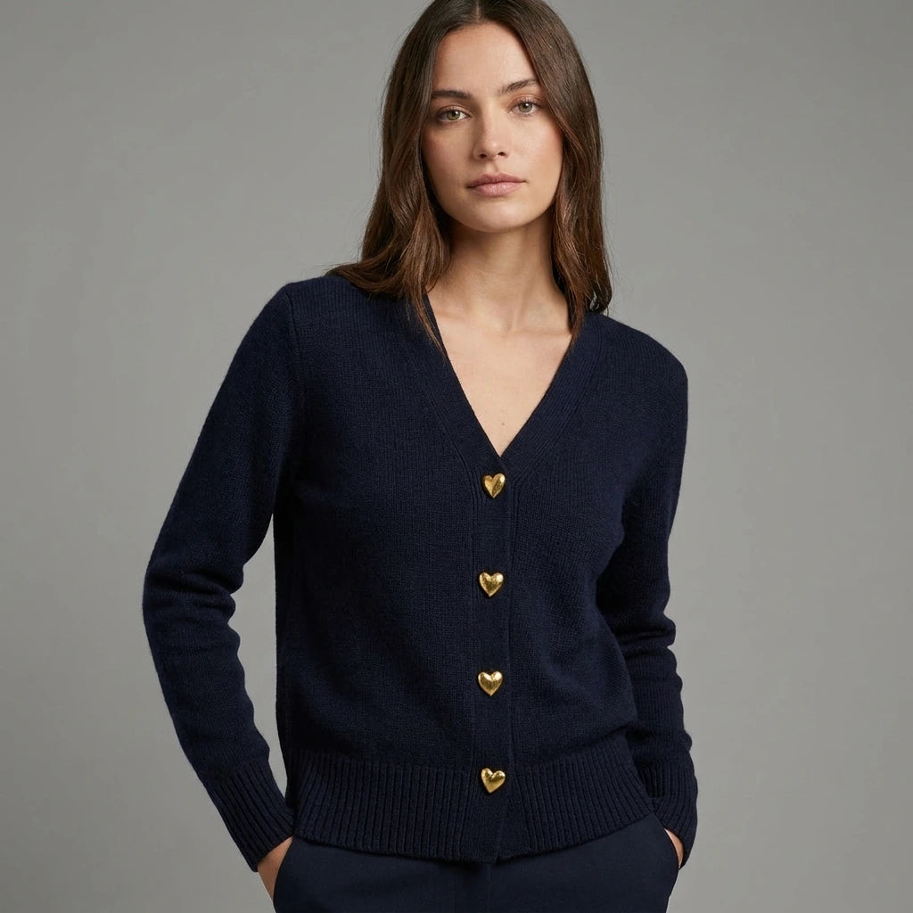 Driftly V-neck heart button cardigan in navy blue, worn by model