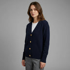 Driftly V-neck heart button cardigan in navy blue, side view
