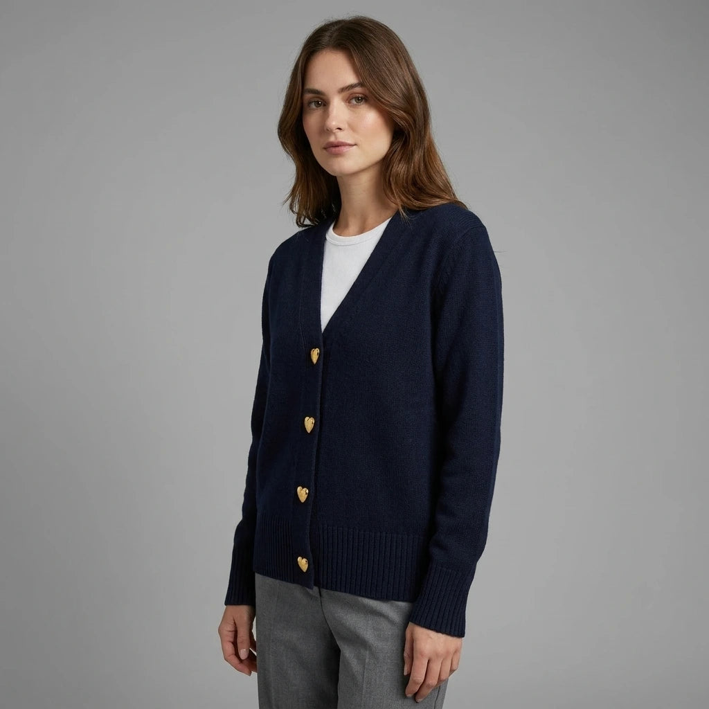 Driftly V-neck heart button cardigan in navy blue, side view