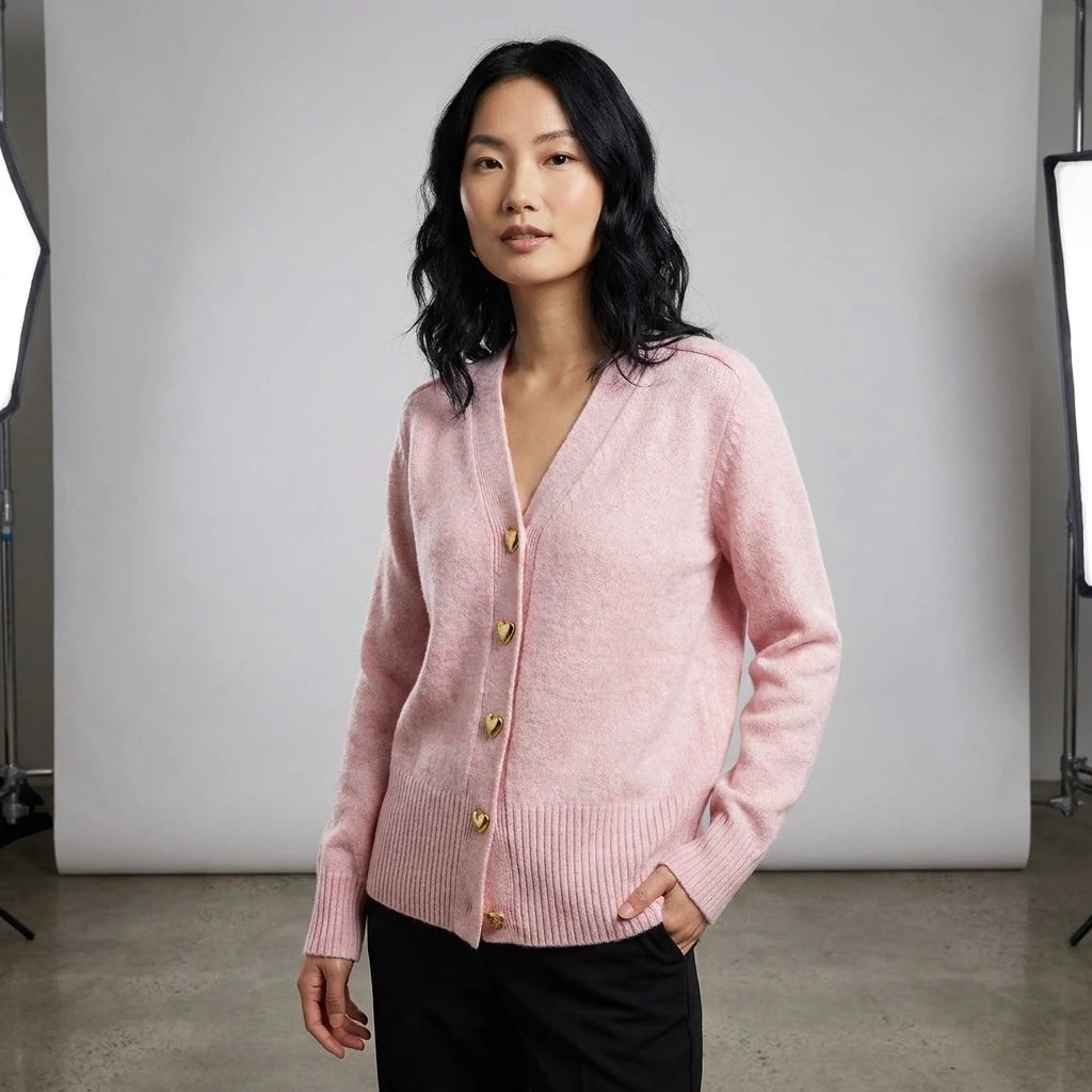Driftly V-neck heart button cardigan in pink, worn by model