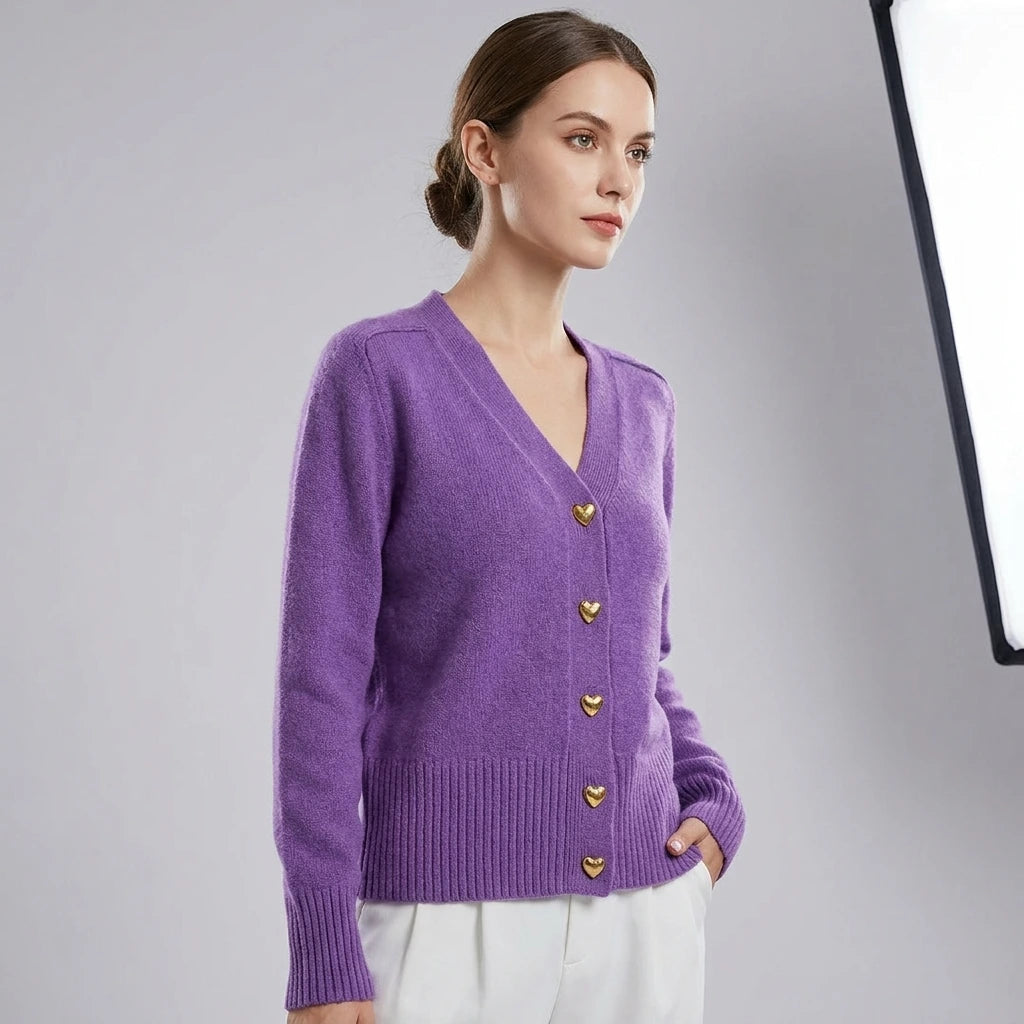 Driftly V-neck heart button cardigan in purple, studio shot
