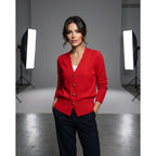 Driftly V-neck heart button cardigan in red, worn by model