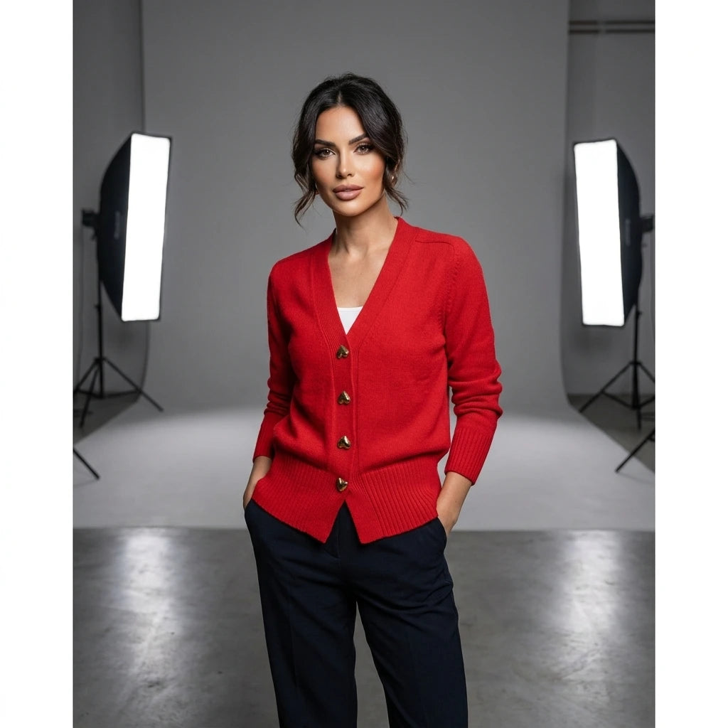 Driftly V-neck heart button cardigan in red, worn by model