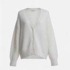 White knit cardigan, close-up on model