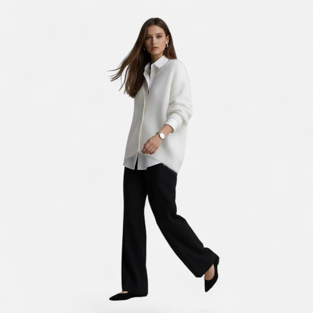 White loose V-neck buttoned knit cardigan, front view