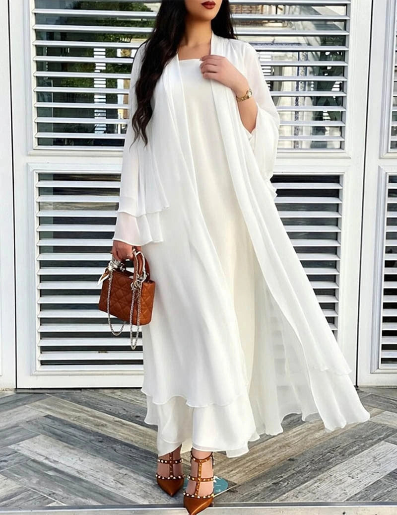 White sheer chiffon open front long cardigan on model