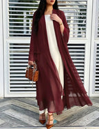 Wine red sheer chiffon open front long cardigan on model