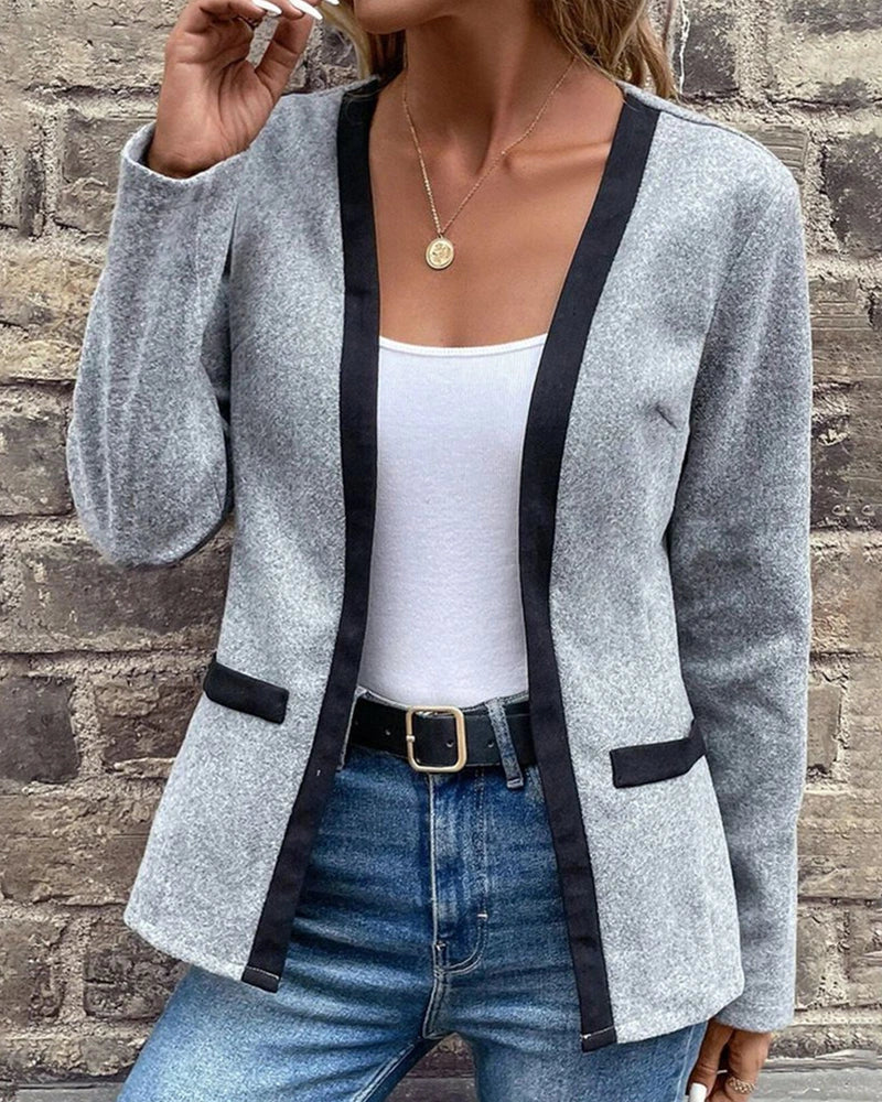 Driftly grey knitted coat with contrast black trim, front view
