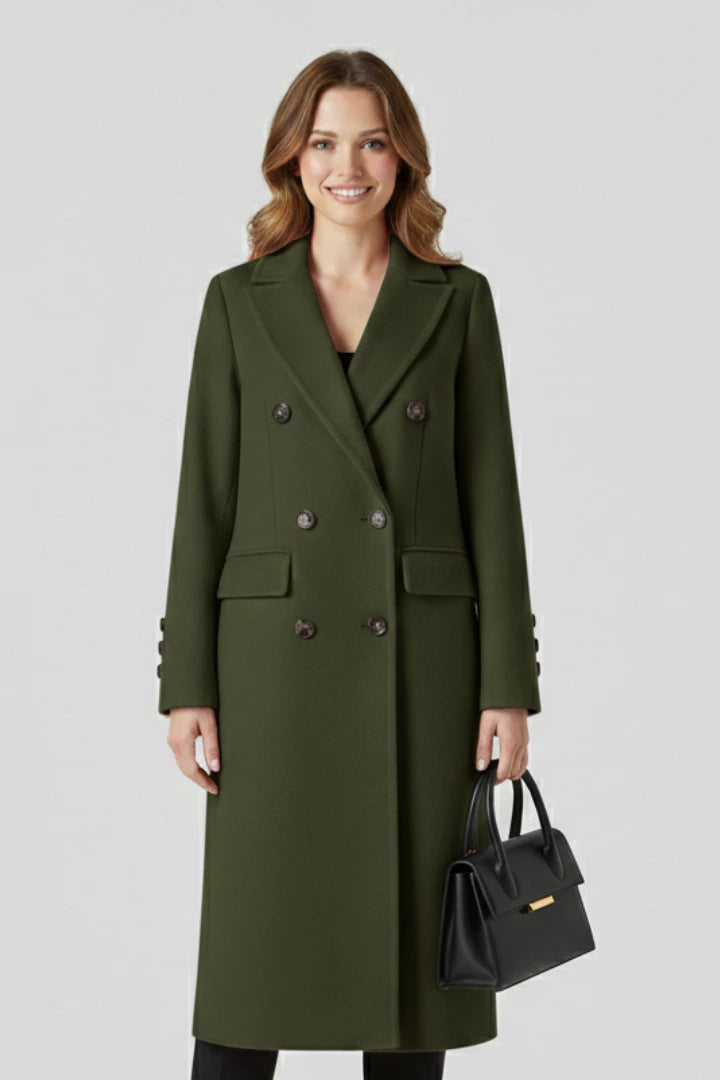 Woman wearing a khaki lapel collar button-down coat - studio photo