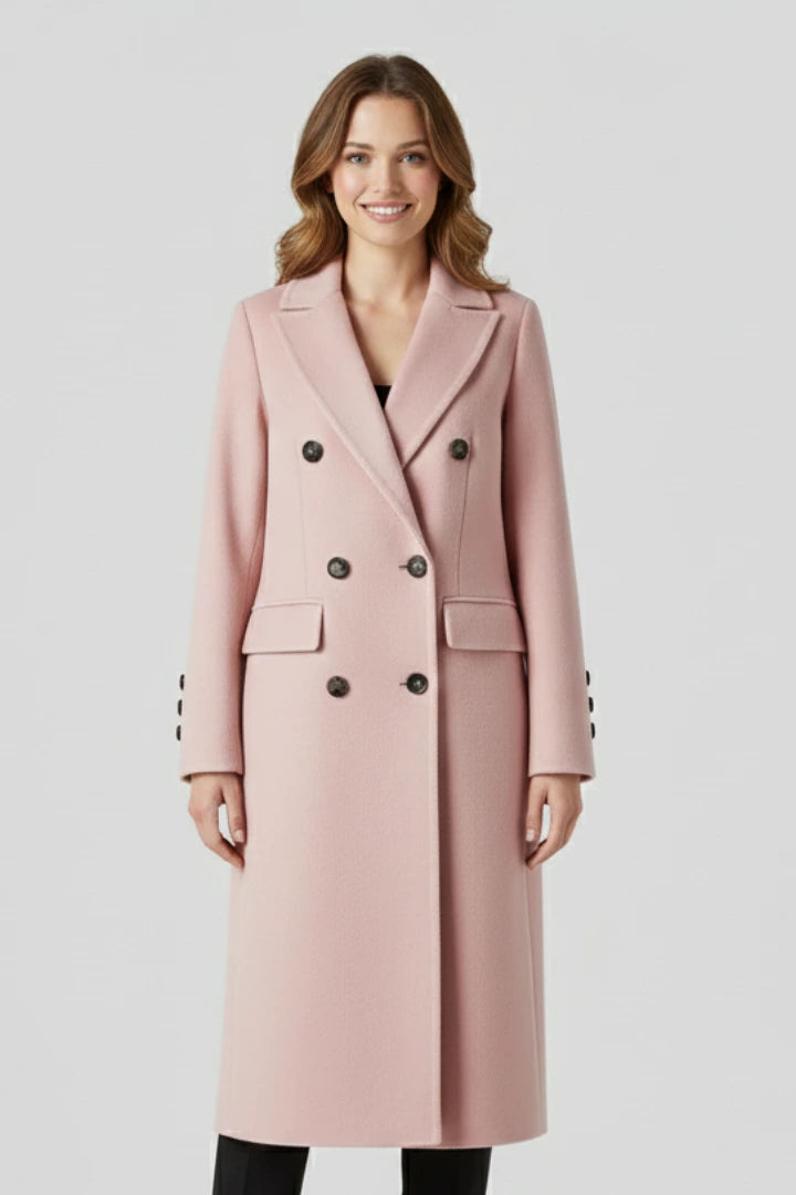Woman wearing a pink lapel collar button-down coat - studio photo