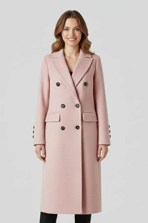 Woman wearing a pink lapel collar button-down coat - studio photo