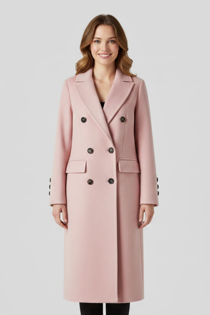 Woman wearing a pink lapel collar button-down coat - studio photo