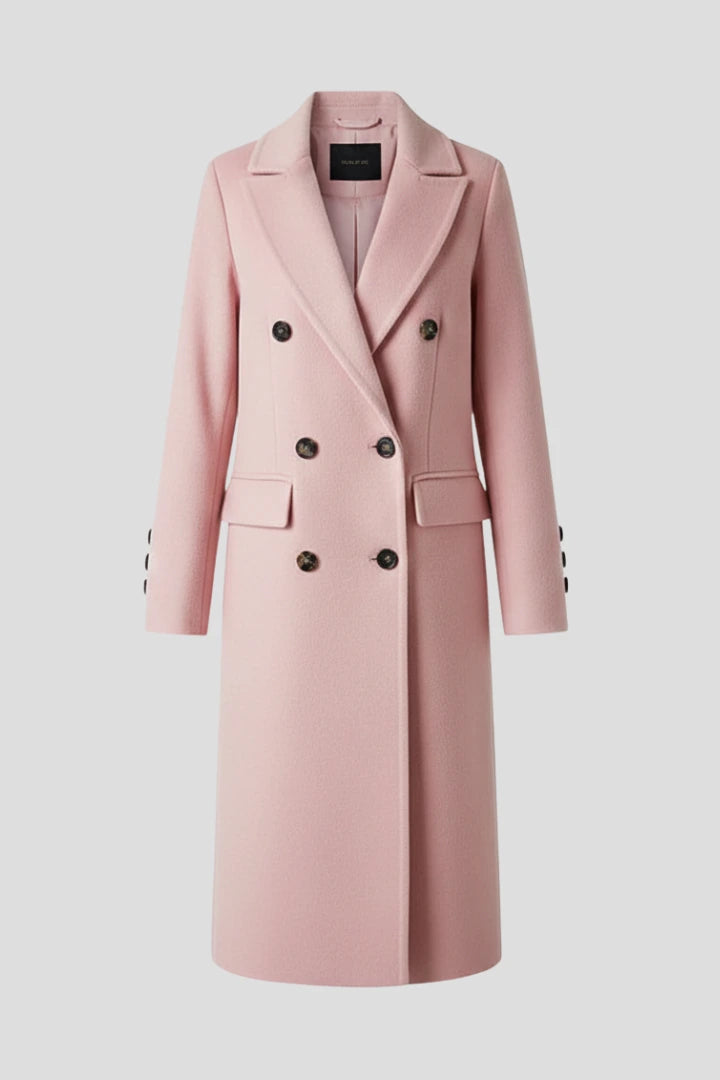 Woman wearing a pink lapel collar button-down coat - studio photo