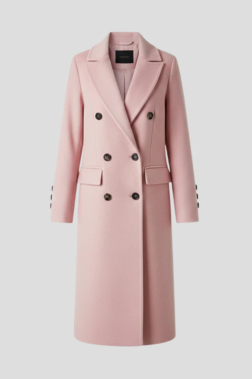 Woman wearing a pink lapel collar button-down coat - studio photo