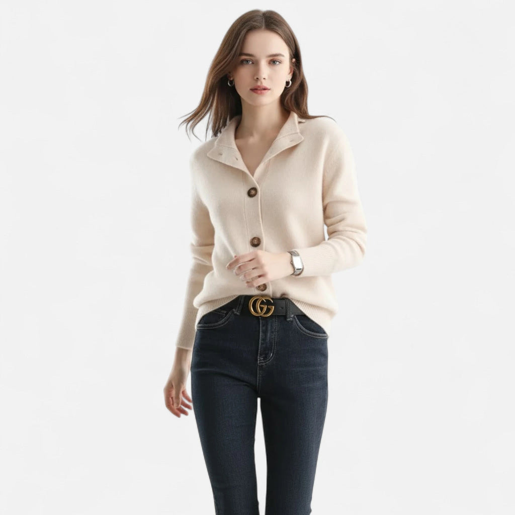 Driftly knit stand-collar short coat in beige, worn by model