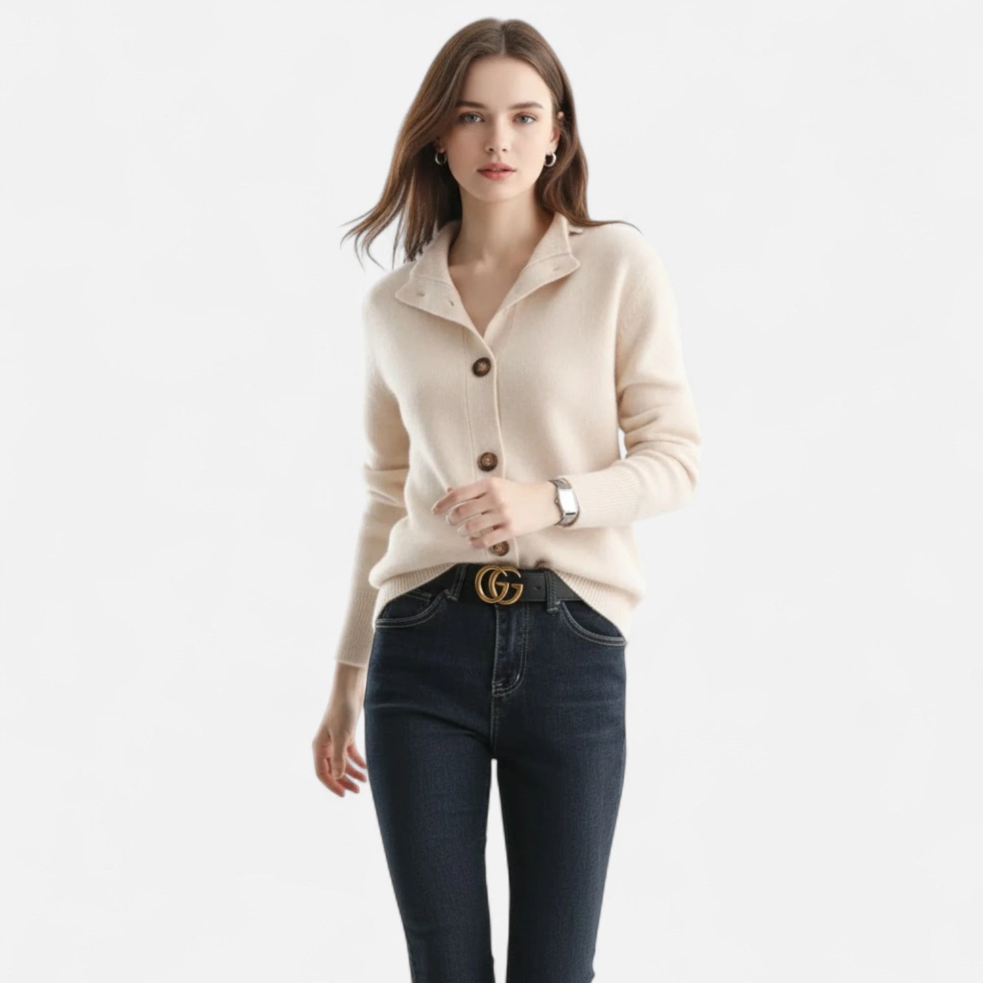 Driftly knit stand-collar short coat in beige, worn by model