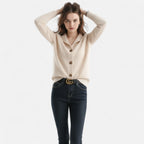 Driftly knit stand-collar short coat in beige, styled front view