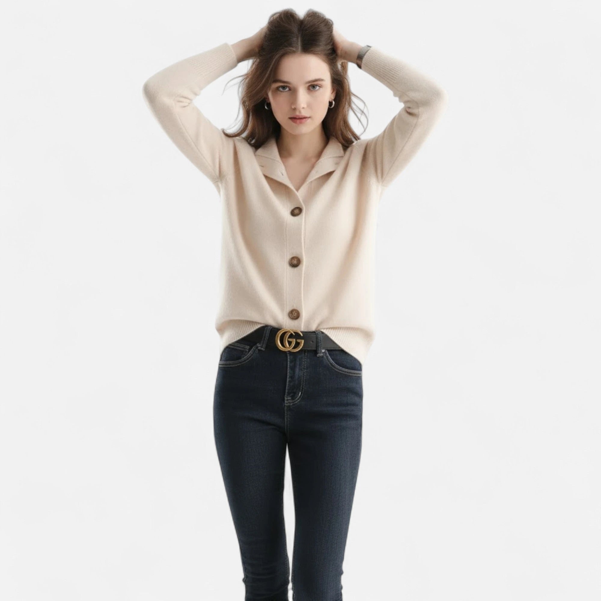 Driftly knit stand-collar short coat in beige, styled front view