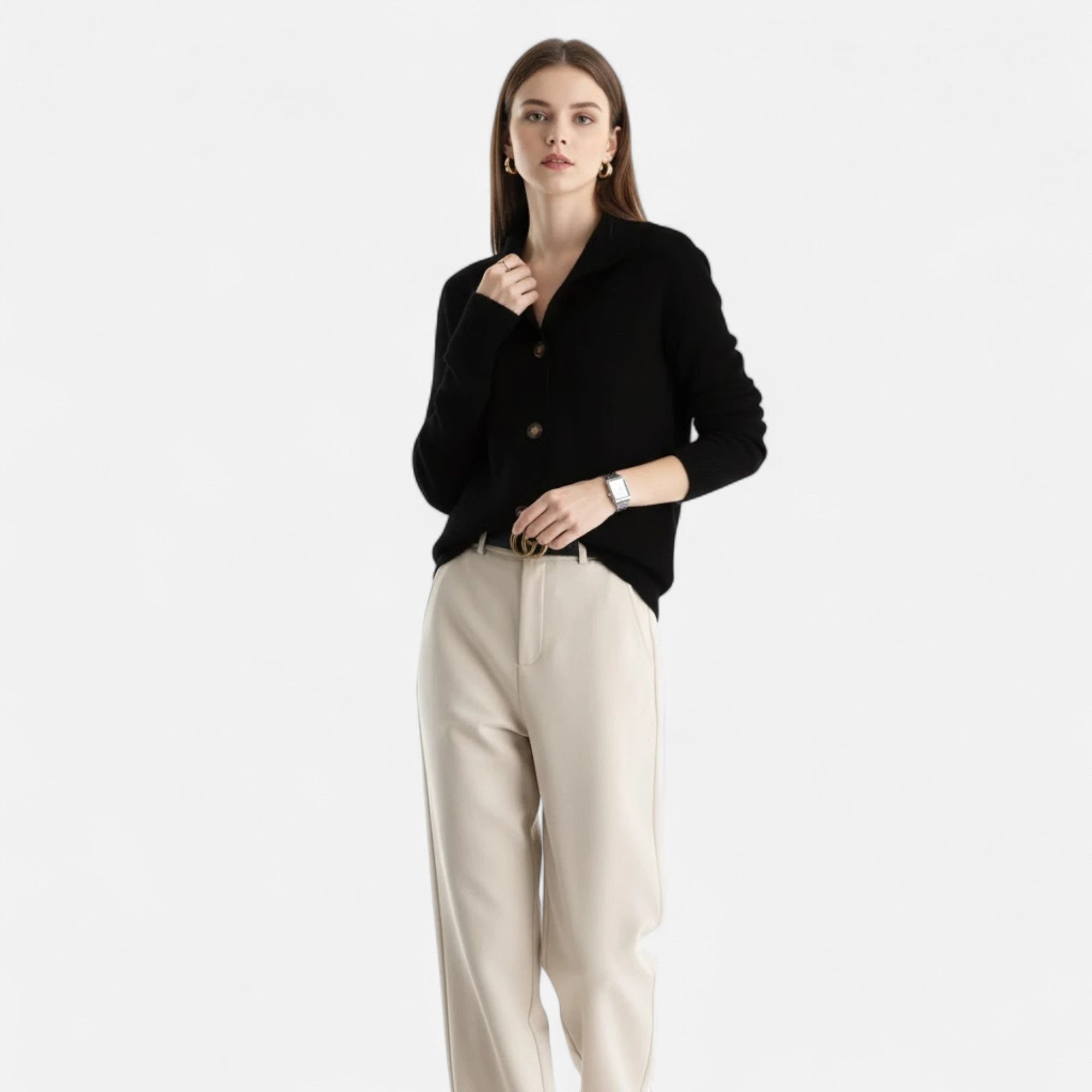 Driftly knit stand-collar short coat in black, worn by model