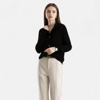 Driftly knit stand-collar short coat in black, styled front view
