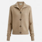 Driftly knit stand-collar short coat in camel, flat lay