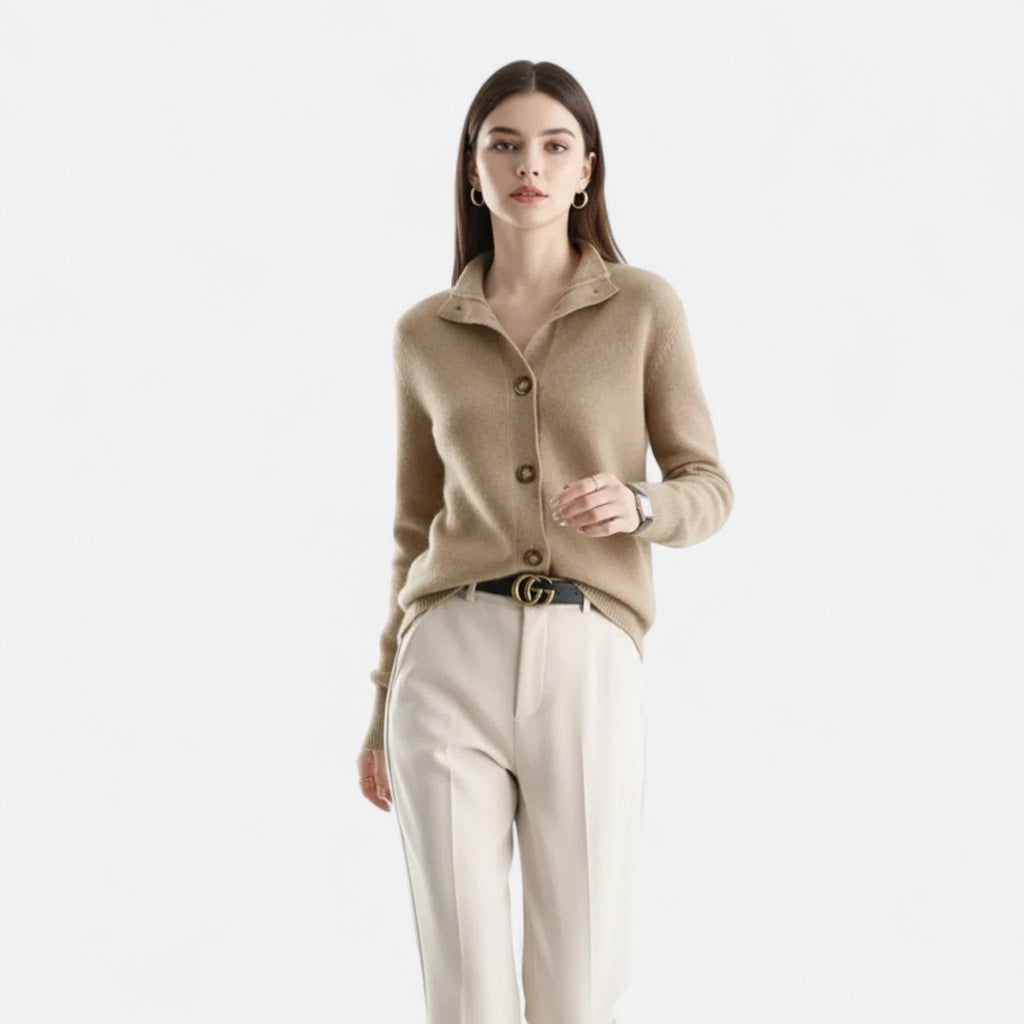 Driftly knit stand-collar short coat in camel, worn by model
