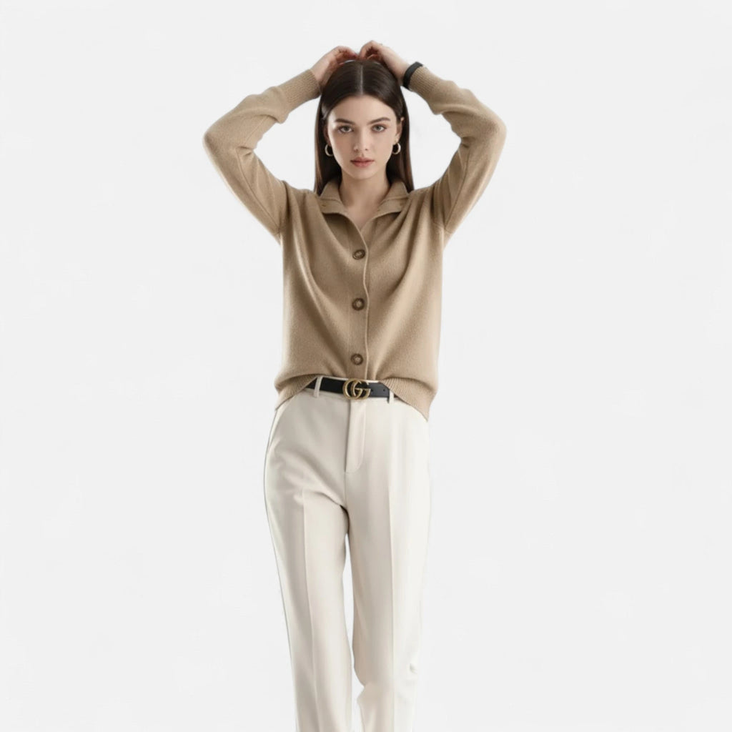Driftly knit stand-collar short coat in camel, styled front view