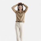 Driftly knit stand-collar short coat in camel, styled front view