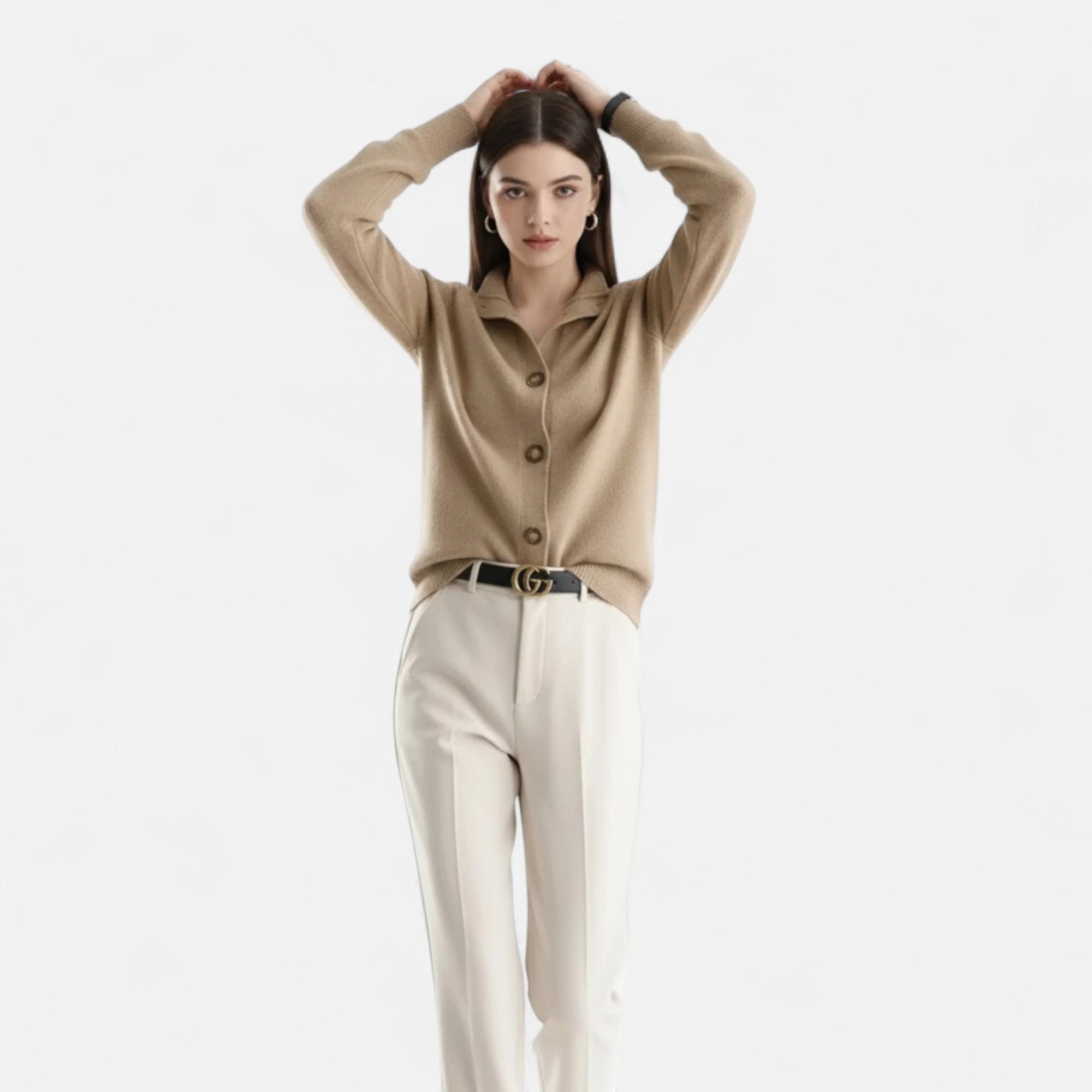 Driftly knit stand-collar short coat in camel, styled front view