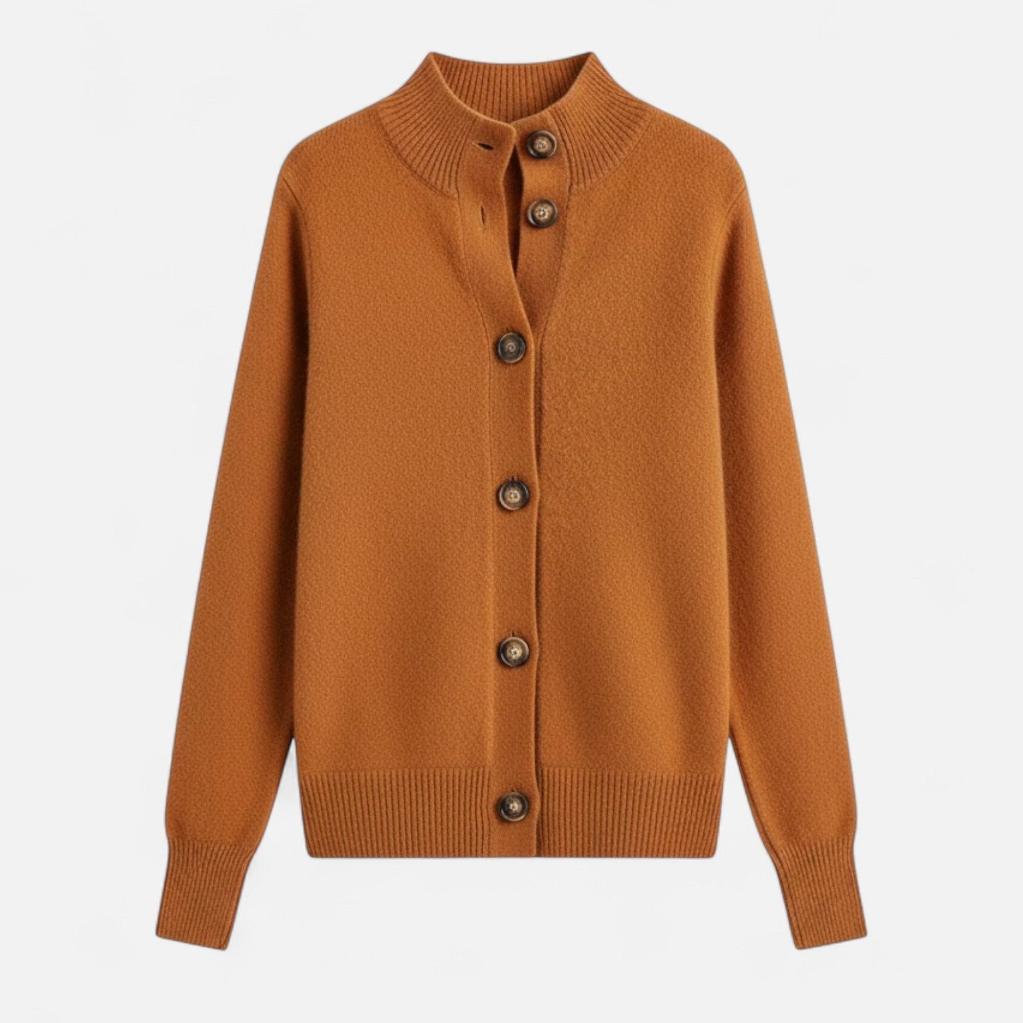 Driftly knit stand-collar short coat in caramel, flat lay