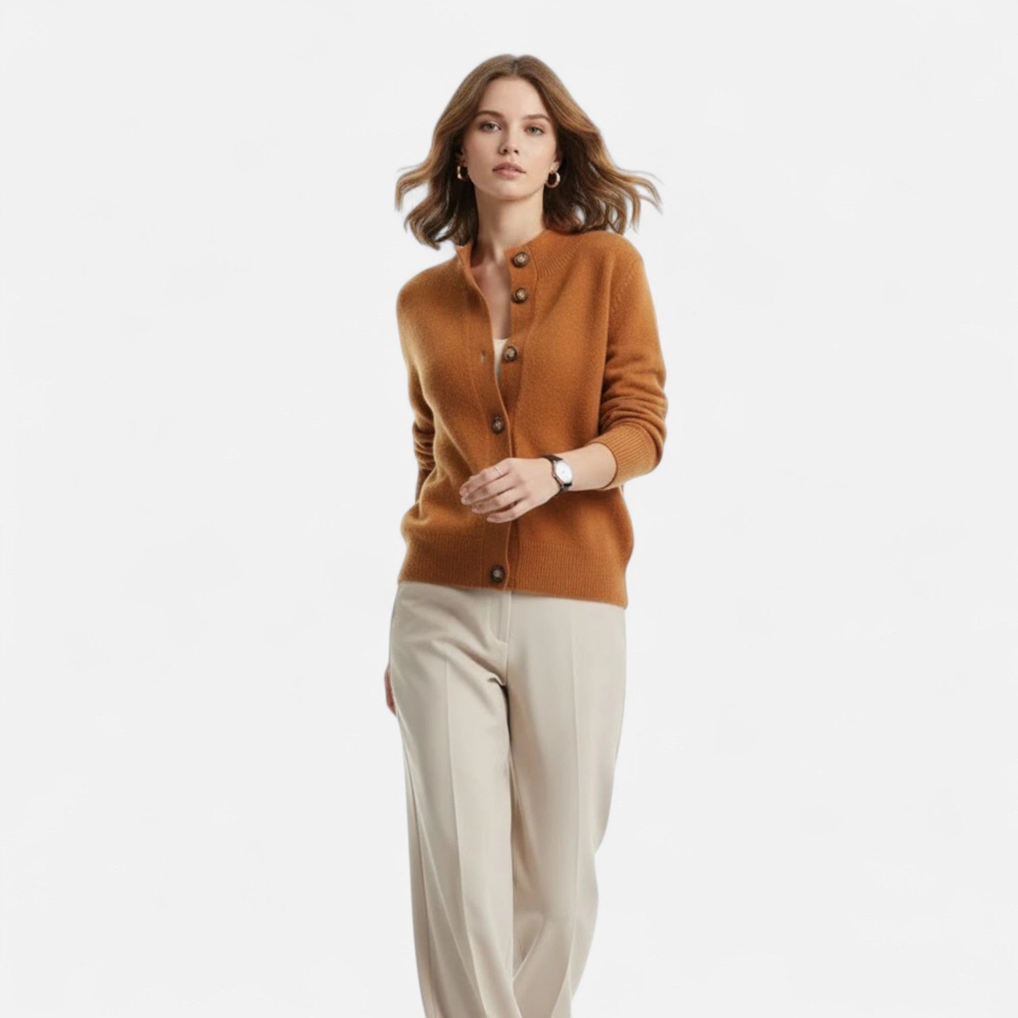 Driftly knit stand-collar short coat in caramel, worn by model