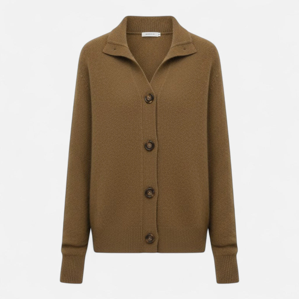 Driftly knit stand-collar short coat in deep olive camel, flat lay