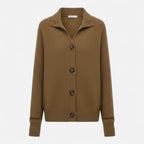 Driftly knit stand-collar short coat in deep olive camel, flat lay