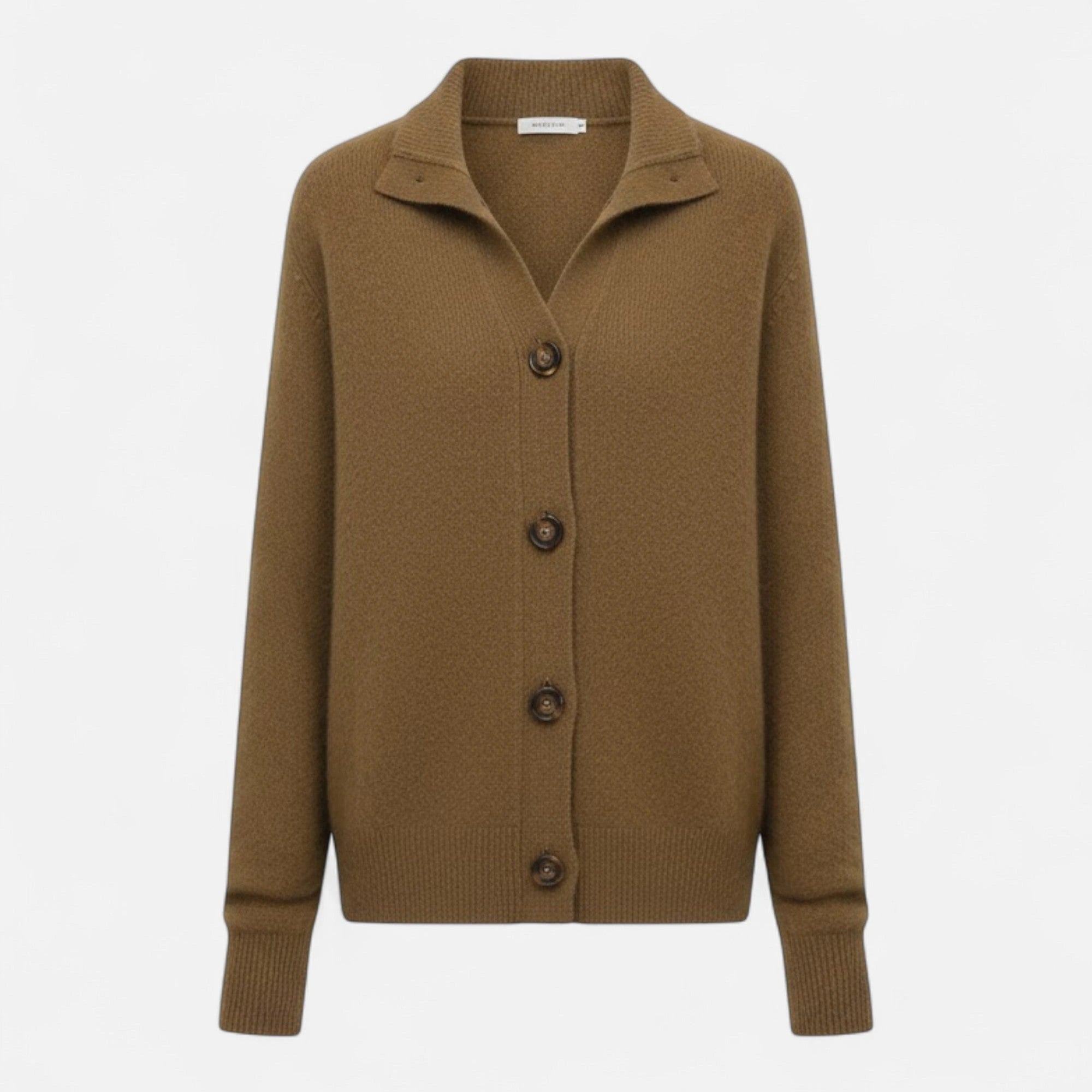 Driftly knit stand-collar short coat in deep olive camel, flat lay